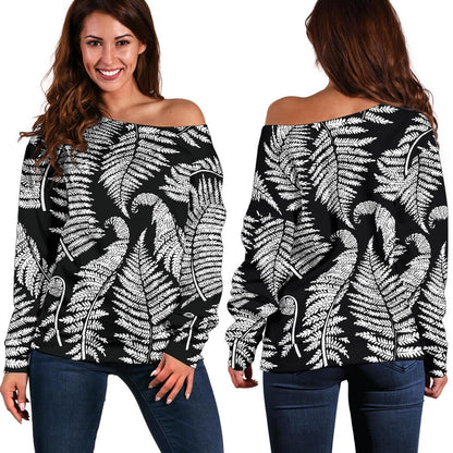 Fern Leave Black White Print Pattern Off Shoulder Sweatshirt