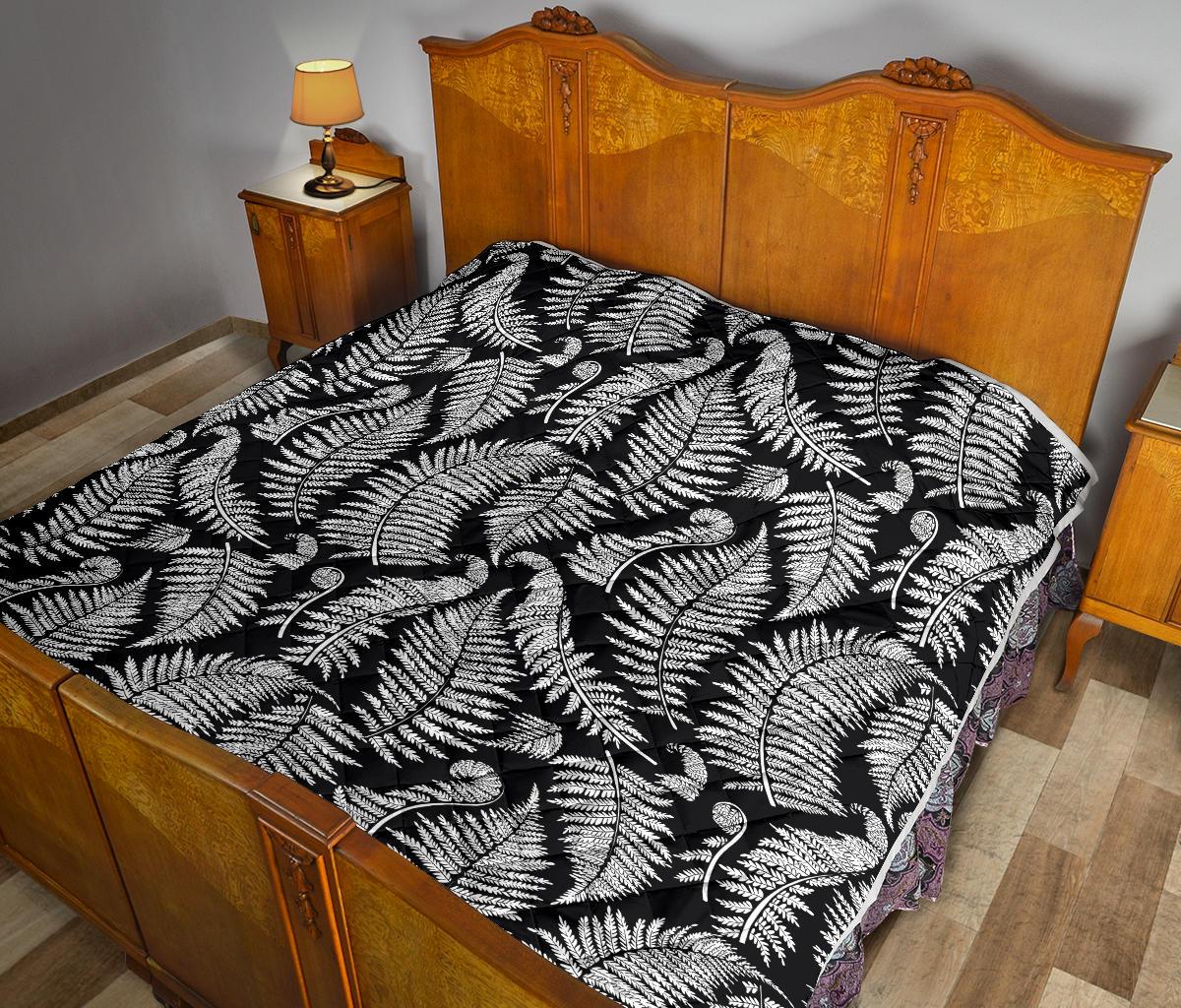 Fern Leave Black White Print Pattern Premium Quilt-JTAMIGO.COM