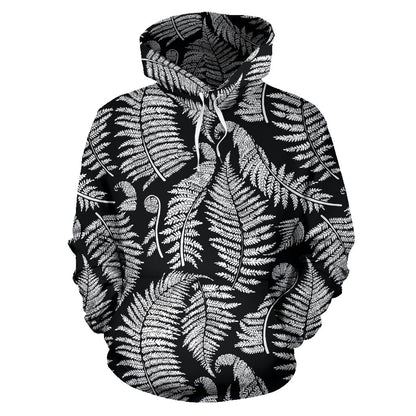 Fern Leave Black White Print Pattern Pullover Hoodie