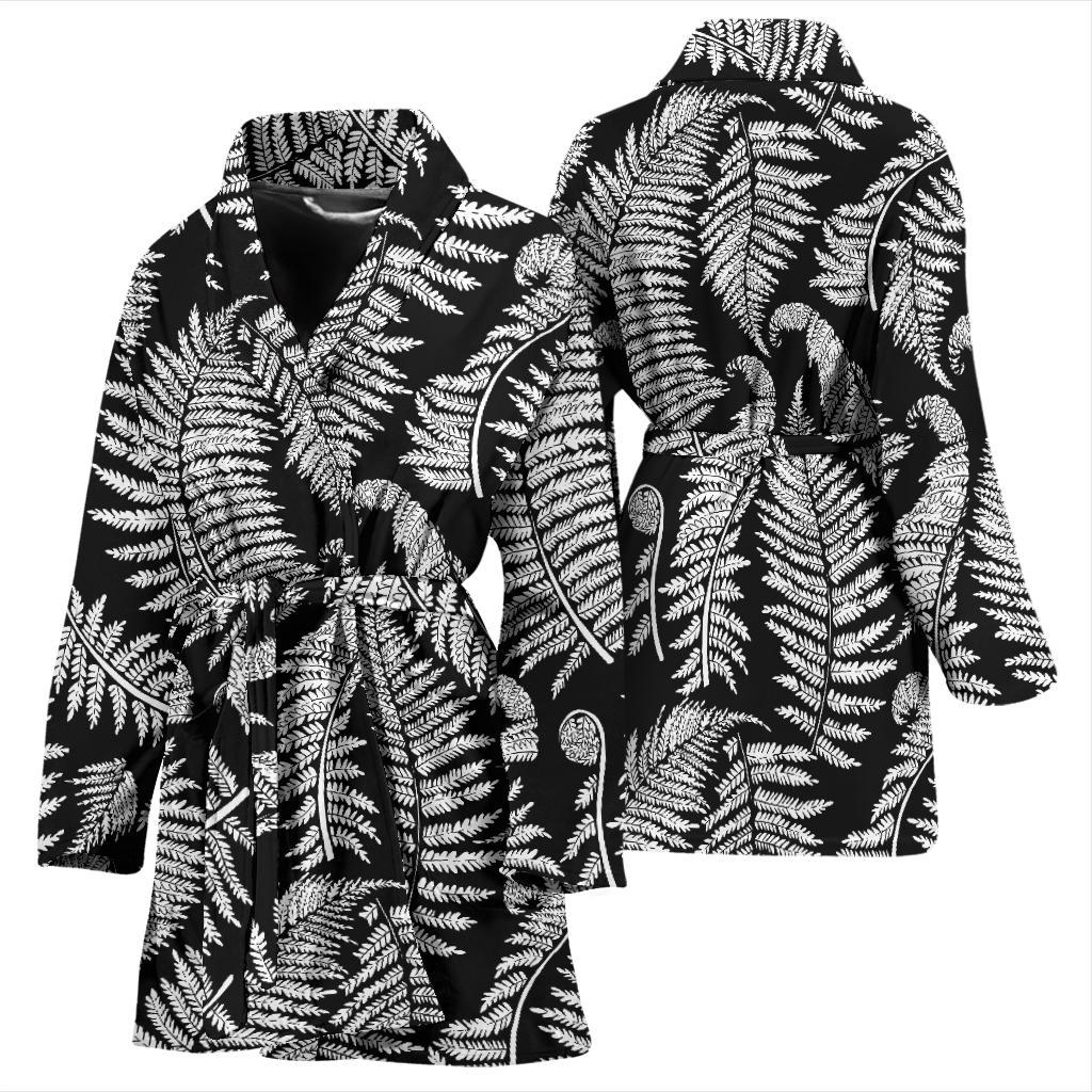 Fern Leave Black White Print Pattern Women Bath Robe-JTAMIGO.COM