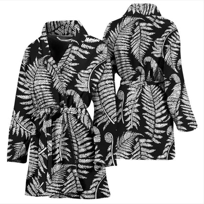 Fern Leave Black White Print Pattern Women Bath Robe-JTAMIGO.COM