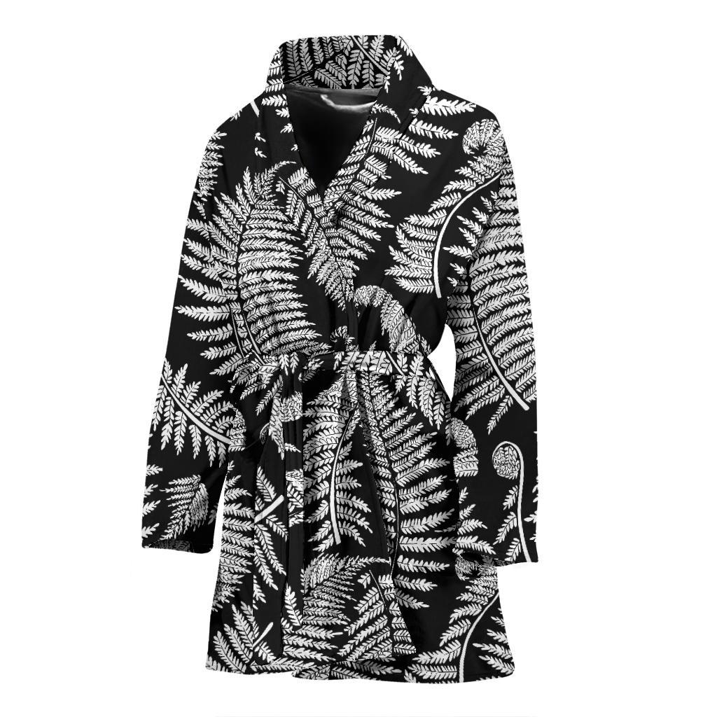 Fern Leave Black White Print Pattern Women Bath Robe-JTAMIGO.COM