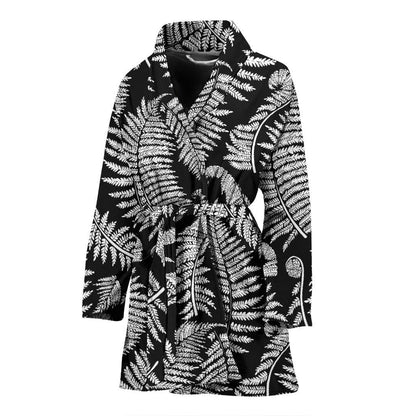 Fern Leave Black White Print Pattern Women Bath Robe-JTAMIGO.COM
