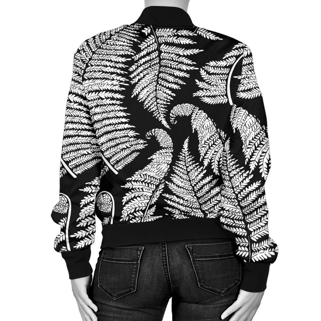 Fern Leave Black White Print Pattern Women Casual Bomber Jacket