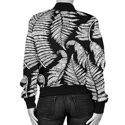 Fern Leave Black White Print Pattern Women Casual Bomber Jacket