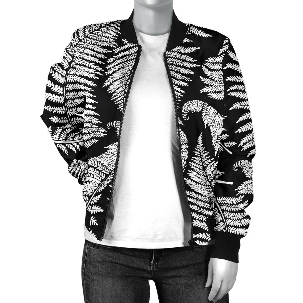 Fern Leave Black White Print Pattern Women Casual Bomber Jacket
