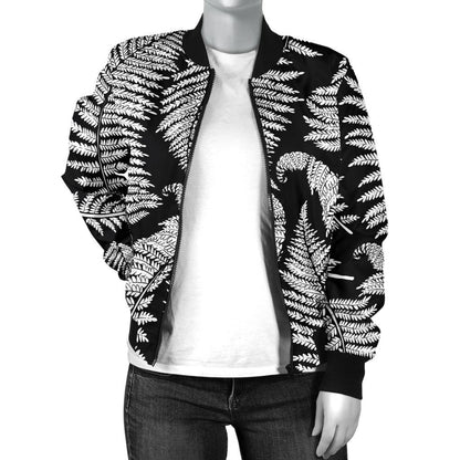 Fern Leave Black White Print Pattern Women Casual Bomber Jacket