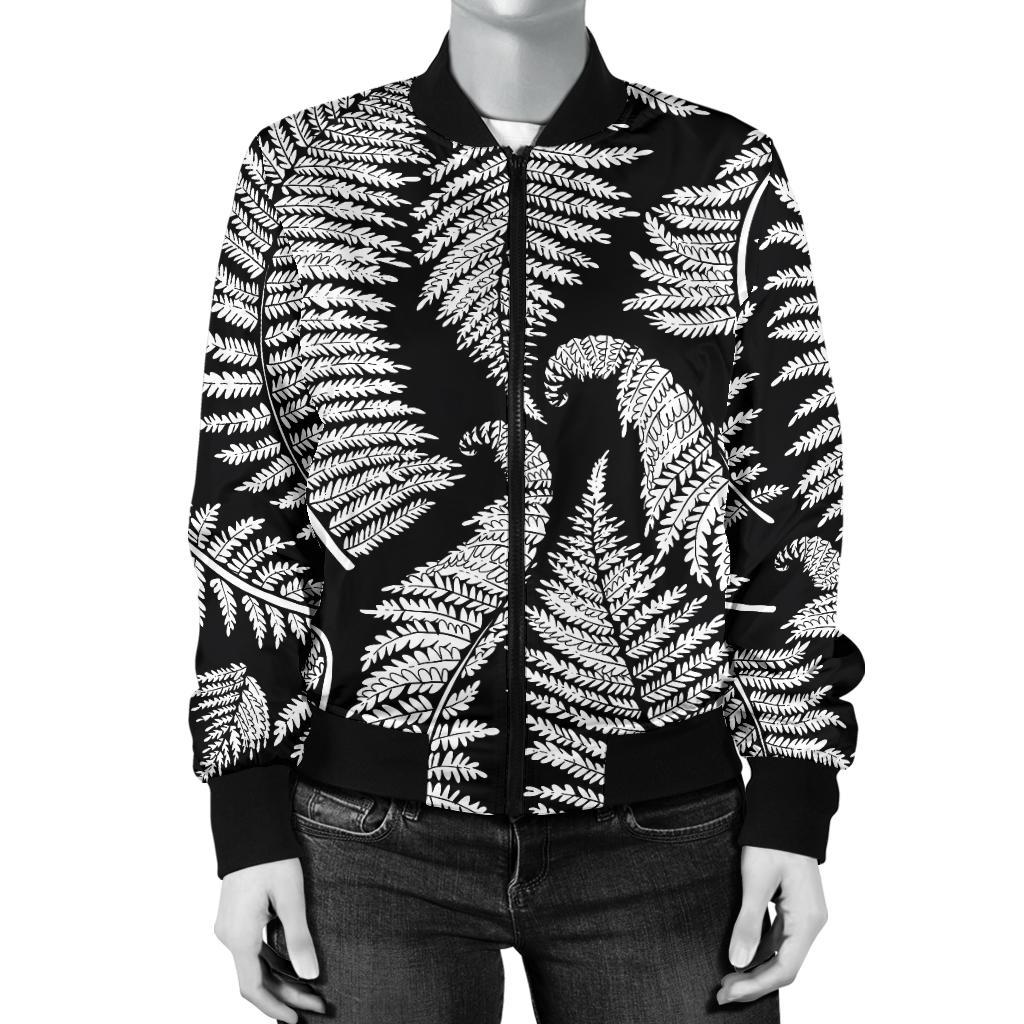 Fern Leave Black White Print Pattern Women Casual Bomber Jacket