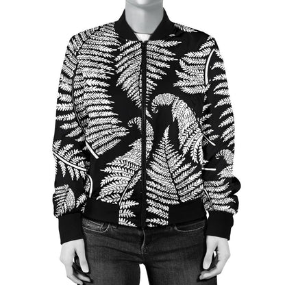 Fern Leave Black White Print Pattern Women Casual Bomber Jacket