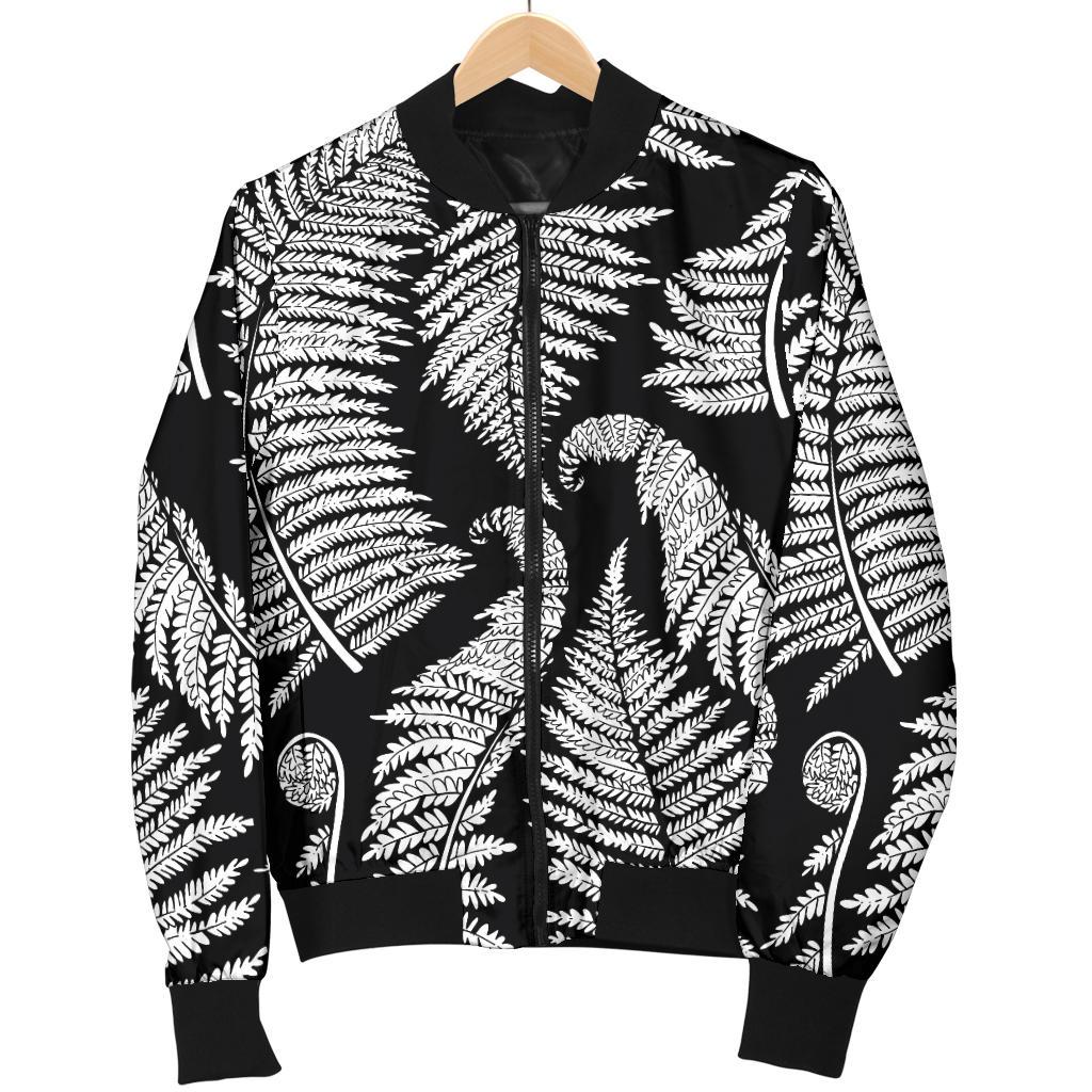 Fern Leave Black White Print Pattern Women Casual Bomber Jacket