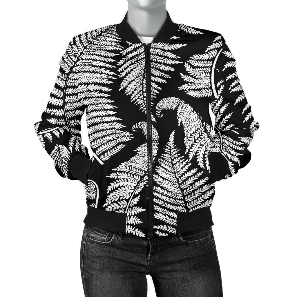 Fern Leave Black White Print Pattern Women Casual Bomber Jacket