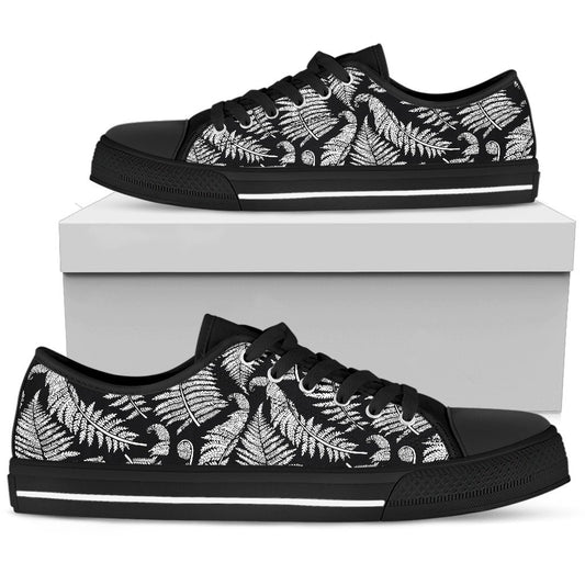 Fern Leave Black White Print Pattern Women Low Top Shoes