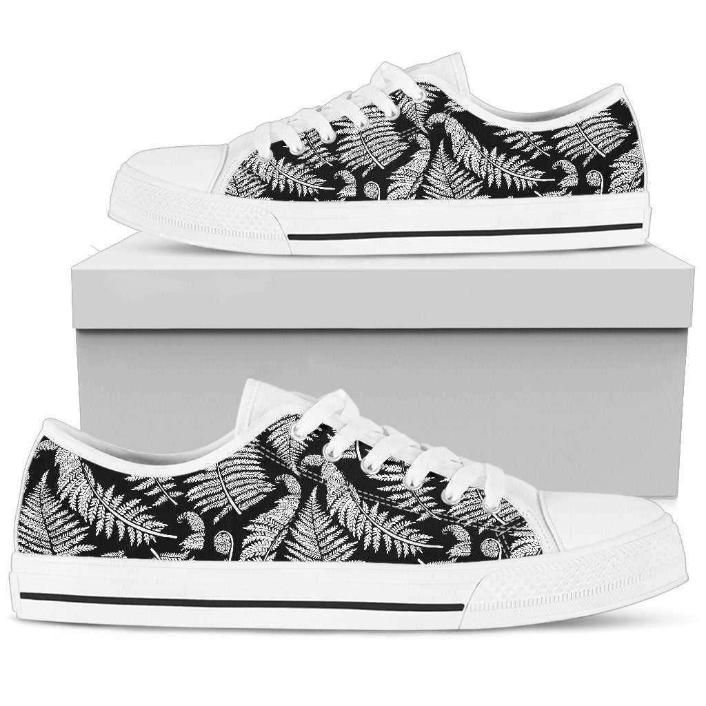 Fern Leave Black White Print Pattern Women Low Top Shoes