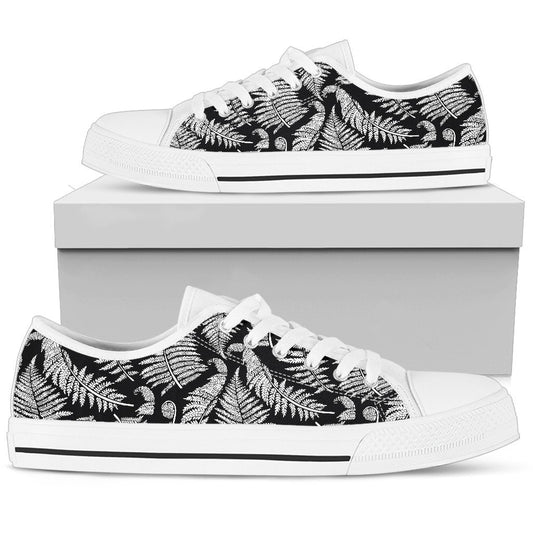 Fern Leave Black White Print Pattern Women Low Top Shoes