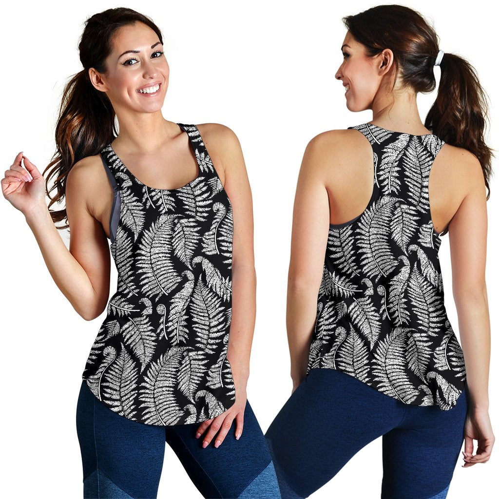 Fern Leave Black White Print Pattern Women Racerback Tank Top