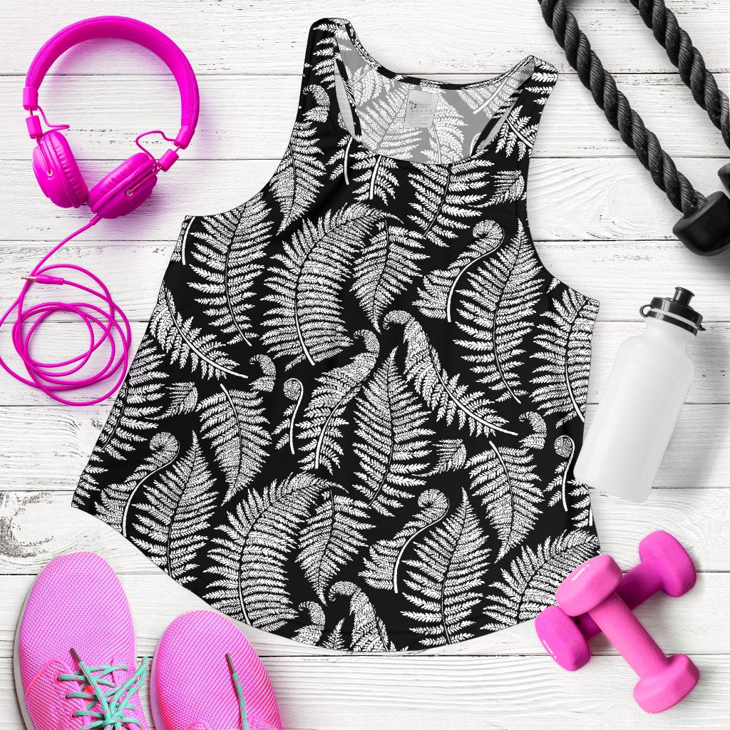Fern Leave Black White Print Pattern Women Racerback Tank Top