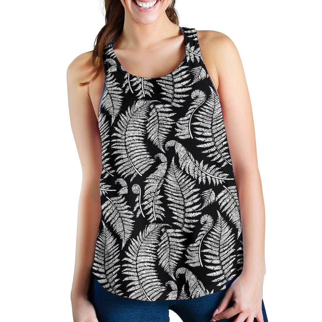 Fern Leave Black White Print Pattern Women Racerback Tank Top