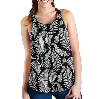 Fern Leave Black White Print Pattern Women Racerback Tank Top