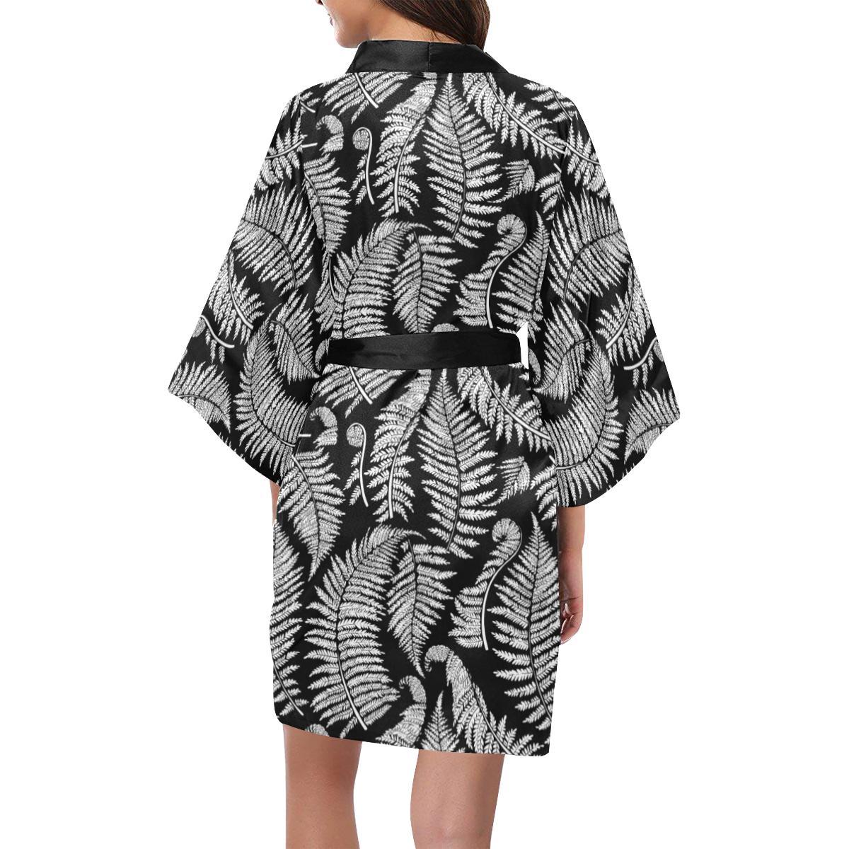 Fern Leave Black White Print Pattern Women Short Kimono Robe