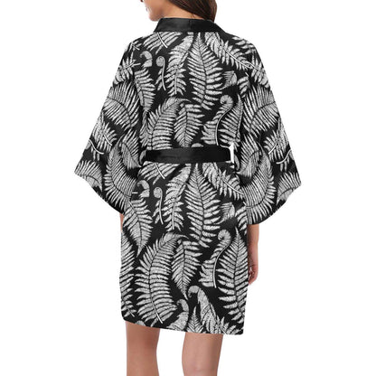 Fern Leave Black White Print Pattern Women Short Kimono Robe