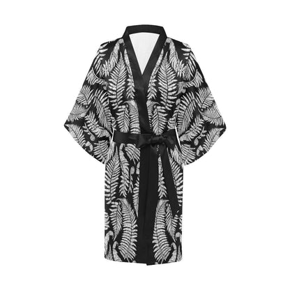 Fern Leave Black White Print Pattern Women Short Kimono Robe
