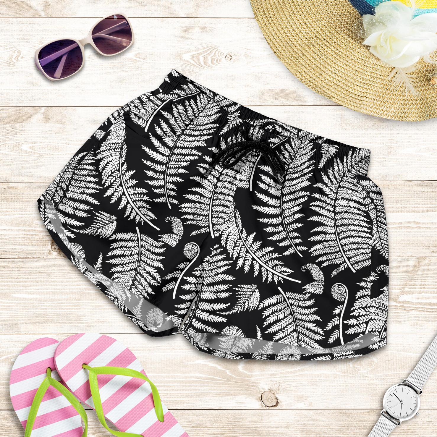 Fern Leave Black White Print Pattern Women Shorts-JTAMIGO.COM