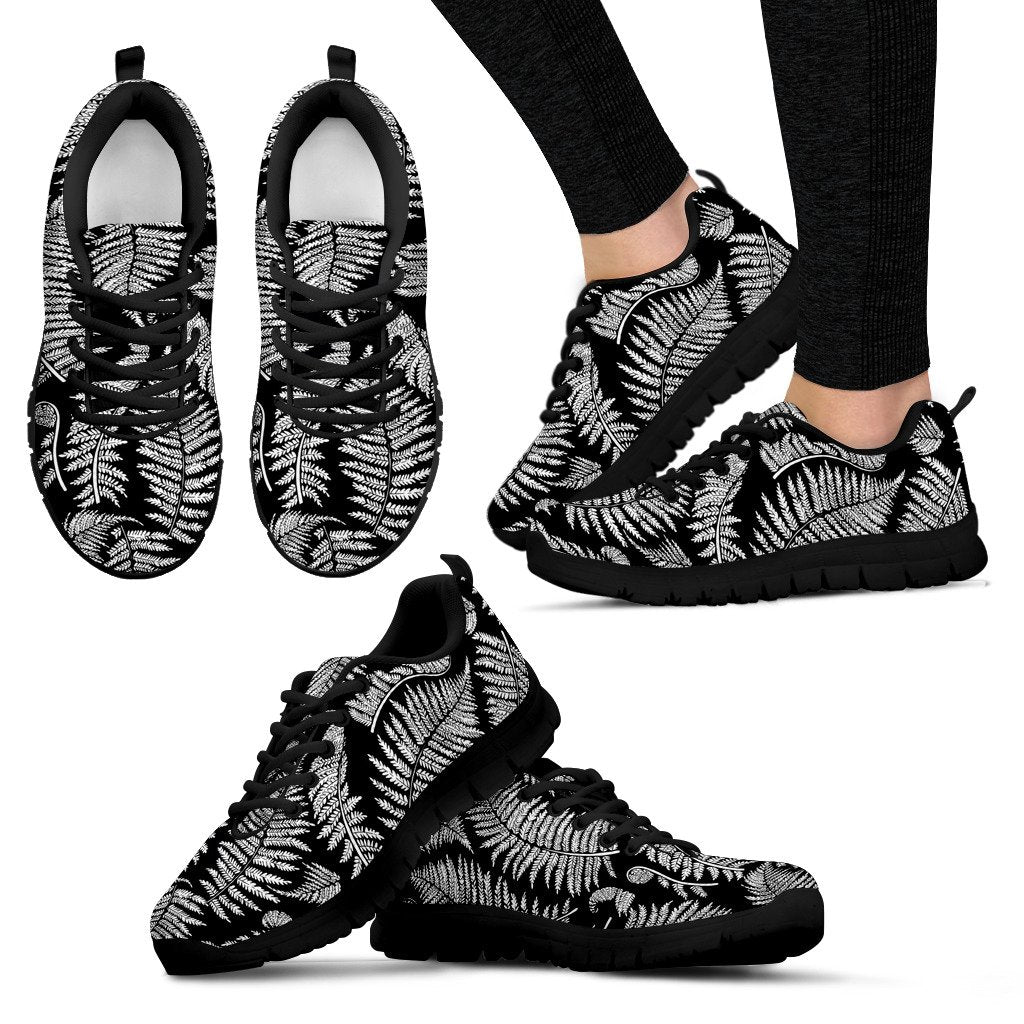Fern Leave Black White Print Pattern Women Sneakers Shoes