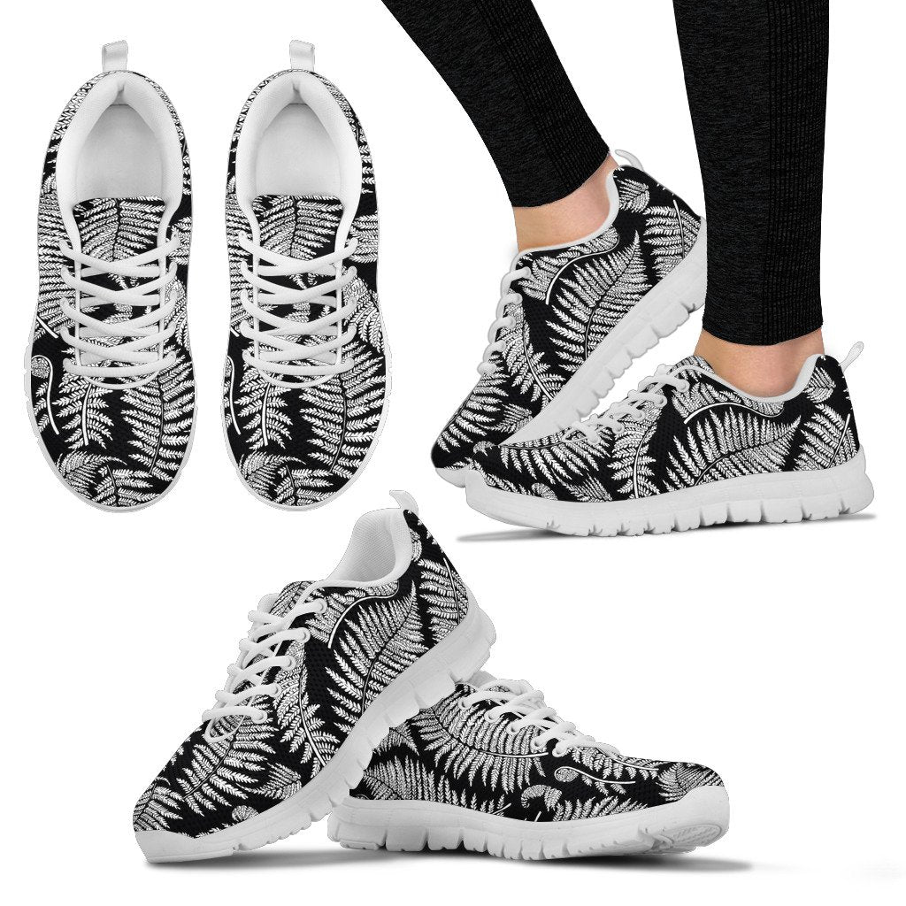 Fern Leave Black White Print Pattern Women Sneakers Shoes