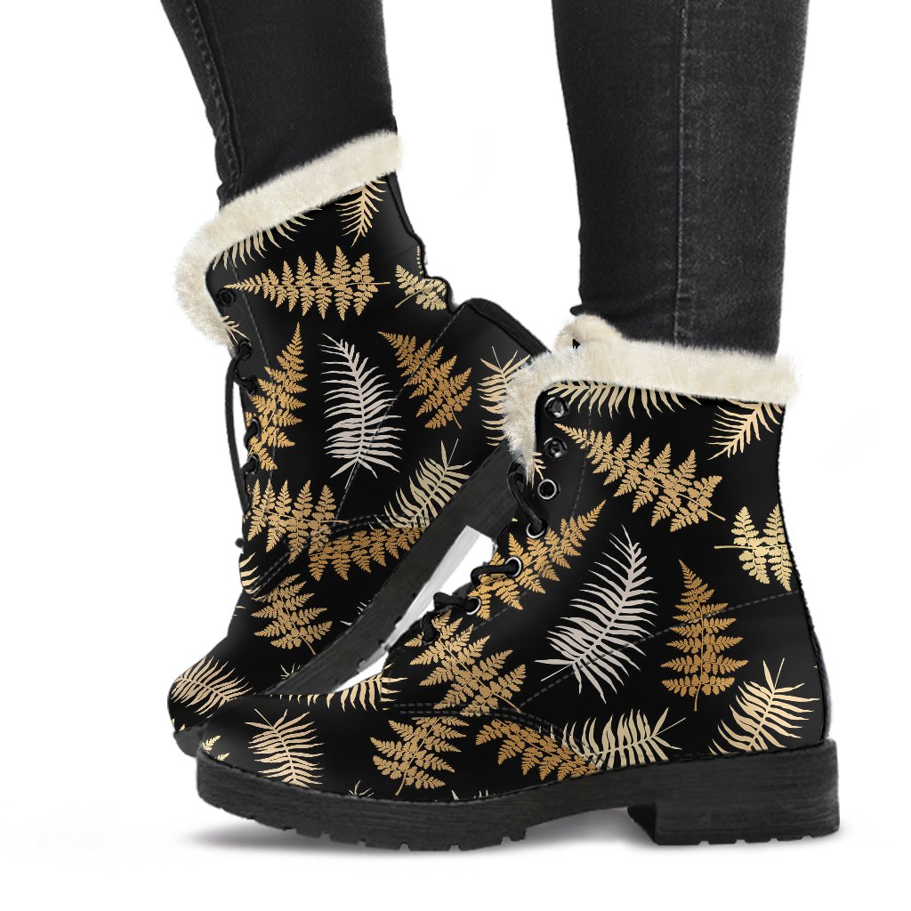Fern Leave Bright Print Pattern Faux Fur Leather Boots-JTAMIGO.COM