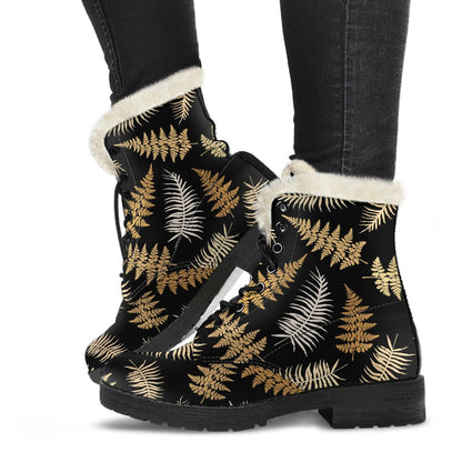 Fern Leave Bright Print Pattern Faux Fur Leather Boots-JTAMIGO.COM