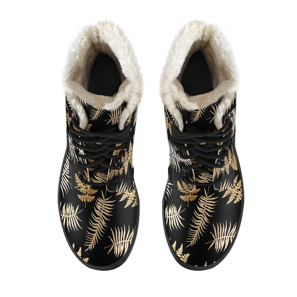 Fern Leave Bright Print Pattern Faux Fur Leather Boots-JTAMIGO.COM