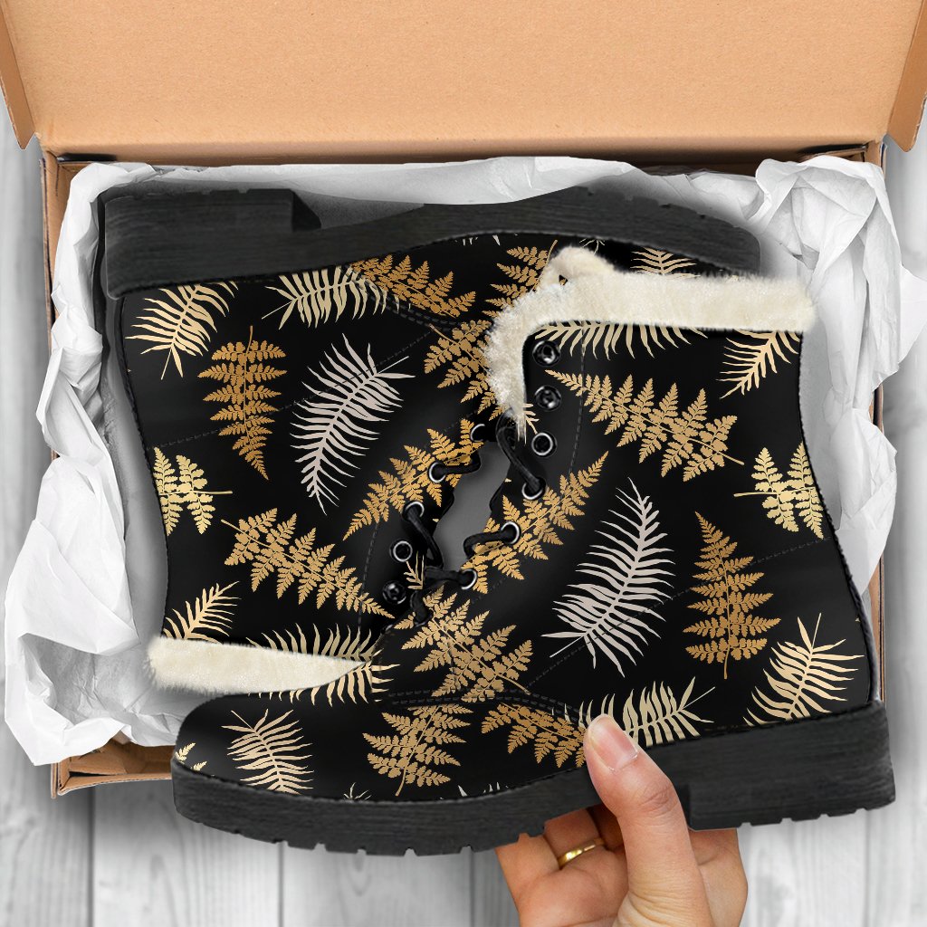 Fern Leave Bright Print Pattern Faux Fur Leather Boots-JTAMIGO.COM