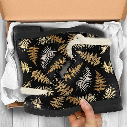 Fern Leave Bright Print Pattern Faux Fur Leather Boots-JTAMIGO.COM