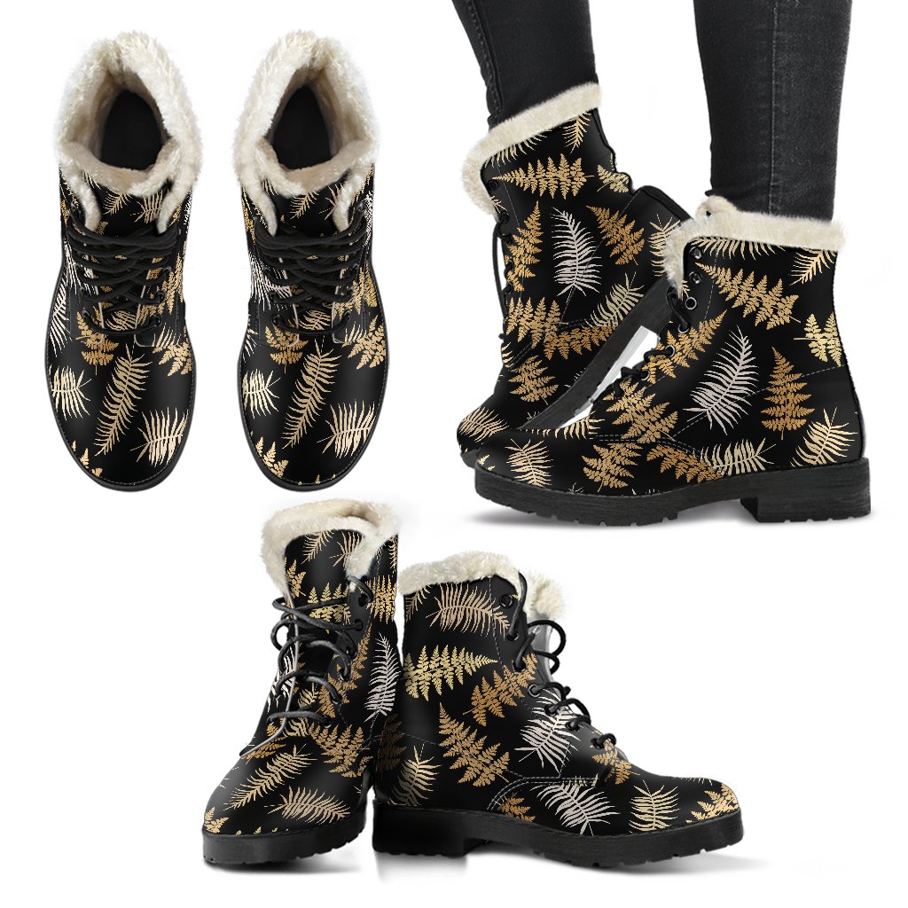 Fern Leave Bright Print Pattern Faux Fur Leather Boots-JTAMIGO.COM