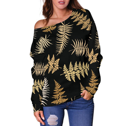 Fern Leave Bright Print Pattern Off Shoulder Sweatshirt