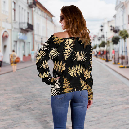 Fern Leave Bright Print Pattern Off Shoulder Sweatshirt