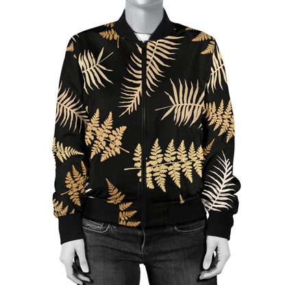 Fern Leave Bright Print Pattern Women Casual Bomber Jacket