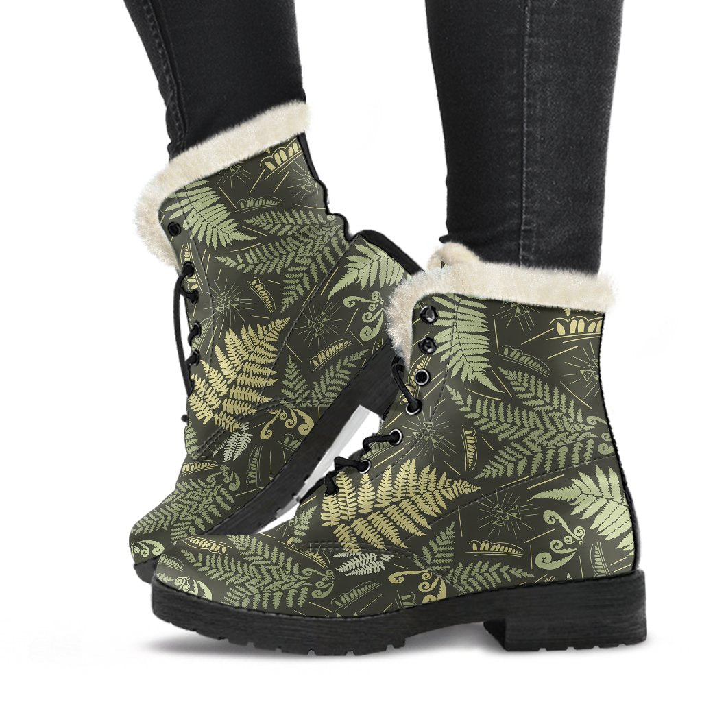 Fern Leave Green Print Pattern Faux Fur Leather Boots-JTAMIGO.COM