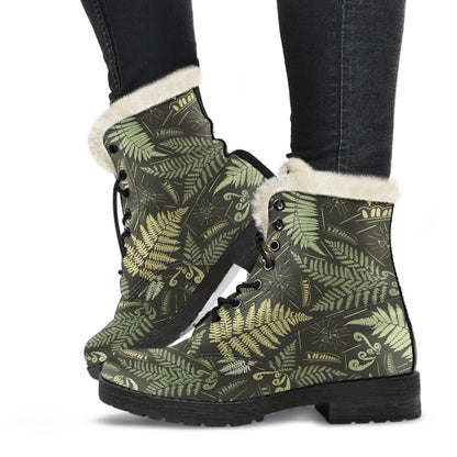 Fern Leave Green Print Pattern Faux Fur Leather Boots-JTAMIGO.COM