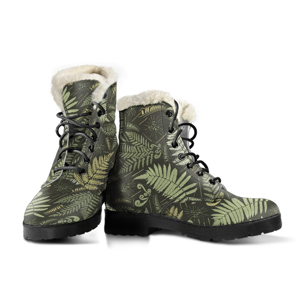 Fern Leave Green Print Pattern Faux Fur Leather Boots-JTAMIGO.COM