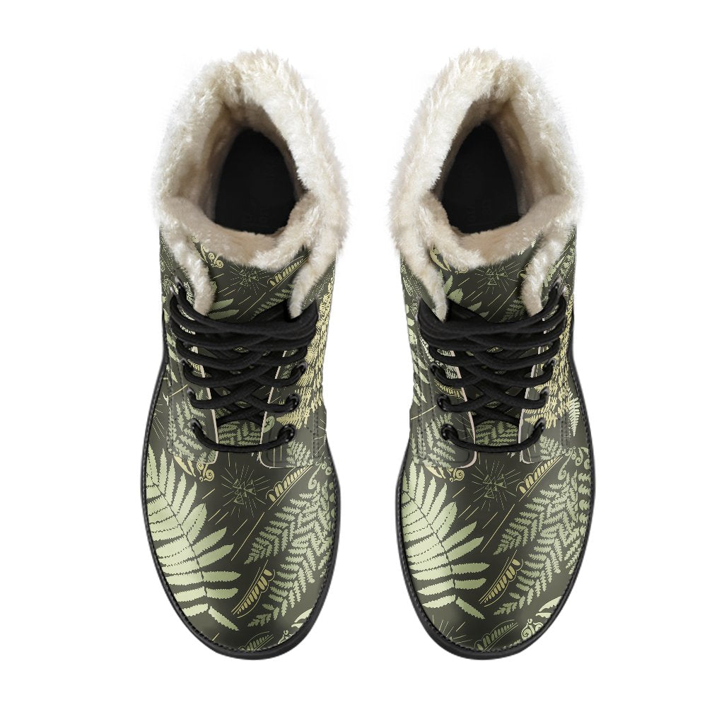 Fern Leave Green Print Pattern Faux Fur Leather Boots-JTAMIGO.COM