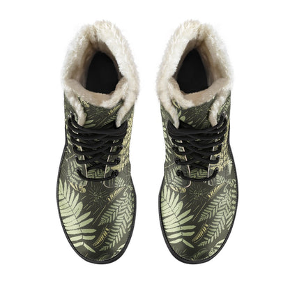 Fern Leave Green Print Pattern Faux Fur Leather Boots-JTAMIGO.COM
