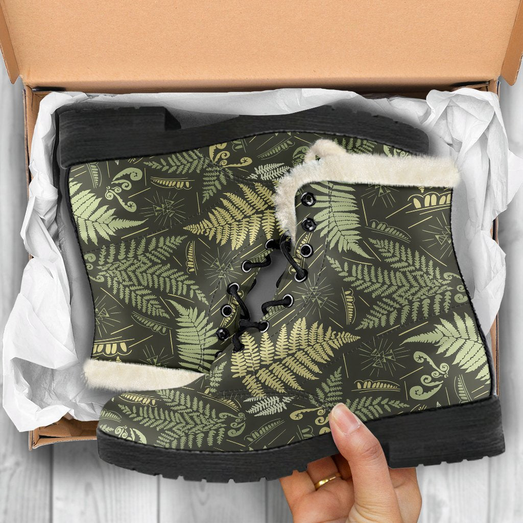 Fern Leave Green Print Pattern Faux Fur Leather Boots-JTAMIGO.COM