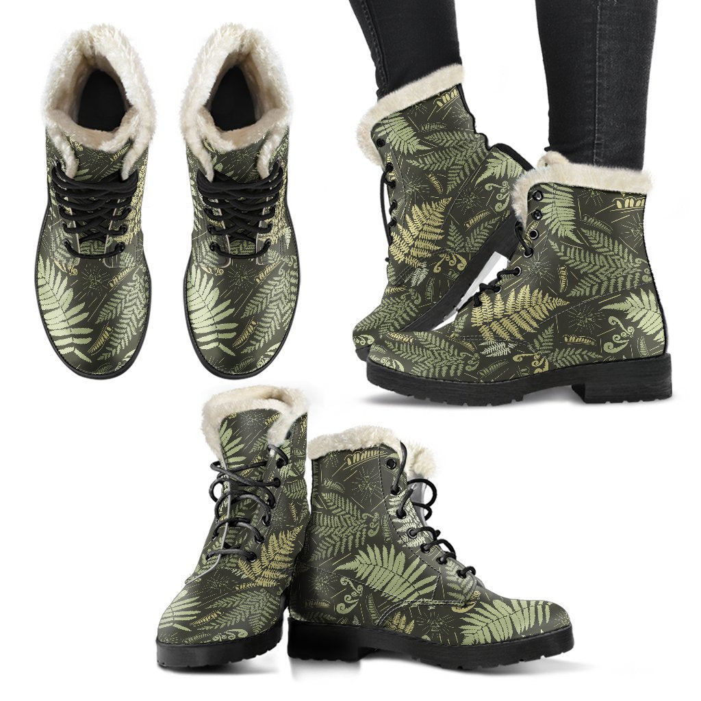 Fern Leave Green Print Pattern Faux Fur Leather Boots-JTAMIGO.COM
