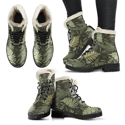 Fern Leave Green Print Pattern Faux Fur Leather Boots-JTAMIGO.COM