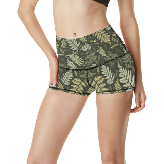 Fern Leave Green Print Pattern High Waisted Spandex Shorts-JTAMIGO.COM