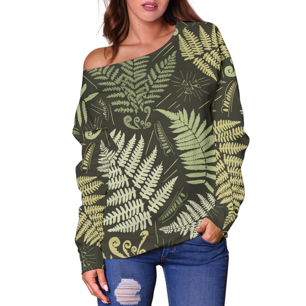 Fern Leave Green Print Pattern Off Shoulder Sweatshirt