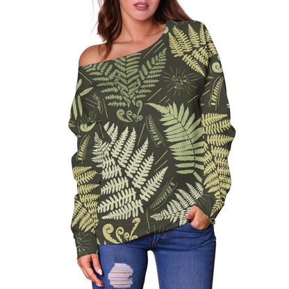 Fern Leave Green Print Pattern Off Shoulder Sweatshirt