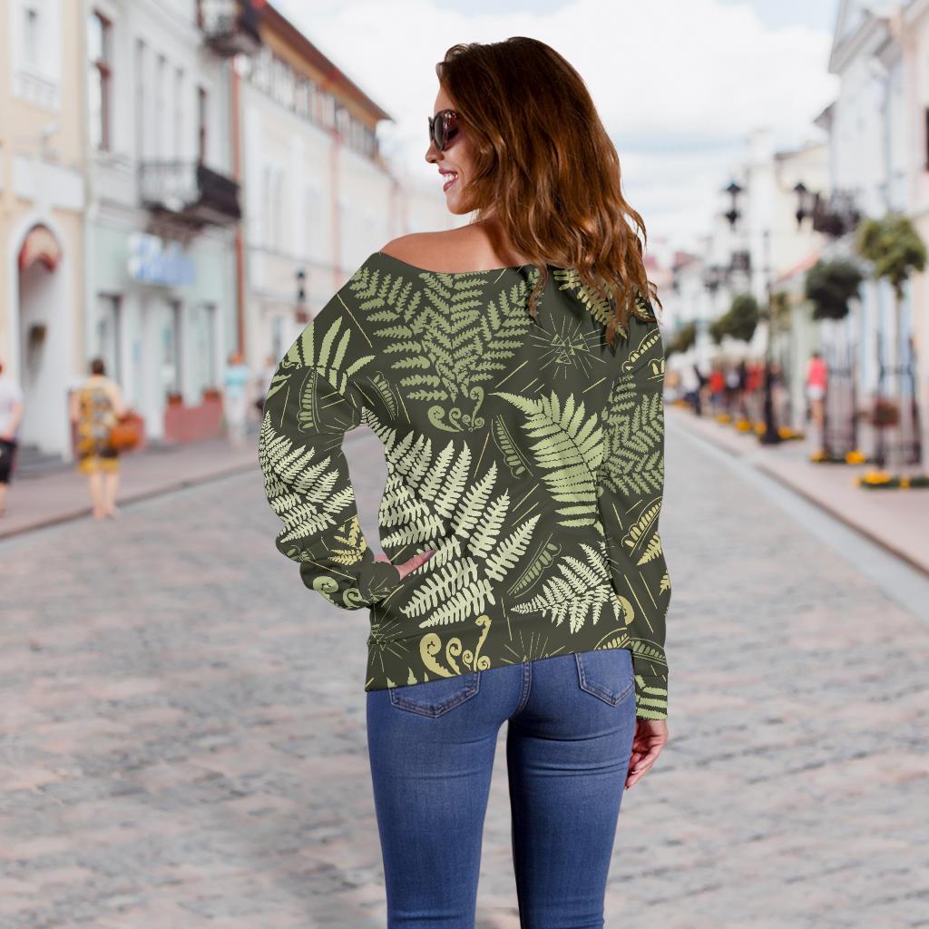 Fern Leave Green Print Pattern Off Shoulder Sweatshirt