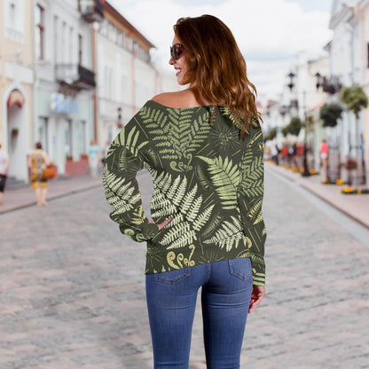 Fern Leave Green Print Pattern Off Shoulder Sweatshirt